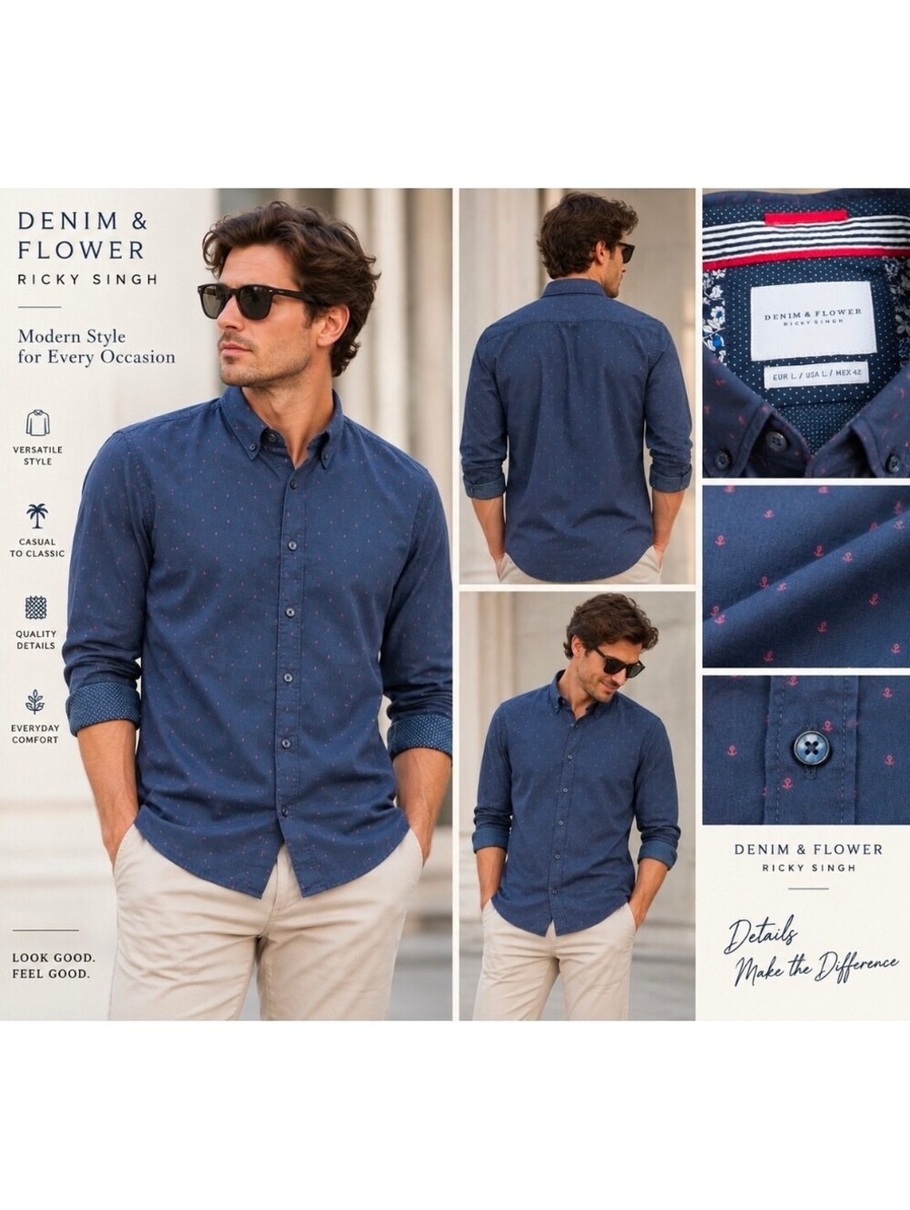 Denim & Flower Ricky Singh Men’s L Navy Anchor Print Button Up Shirt 100% Cotton